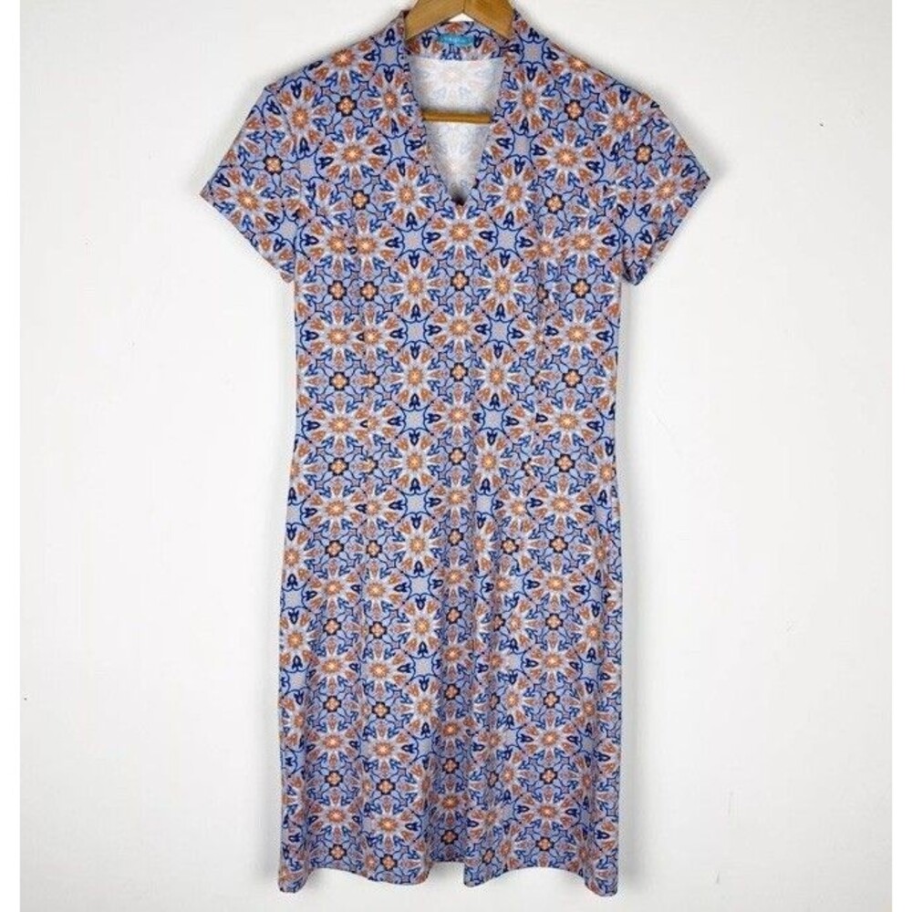 J. McLaughlin Size Small Dress Mosaic Print Coral Blue White Catalina Cloth EUC